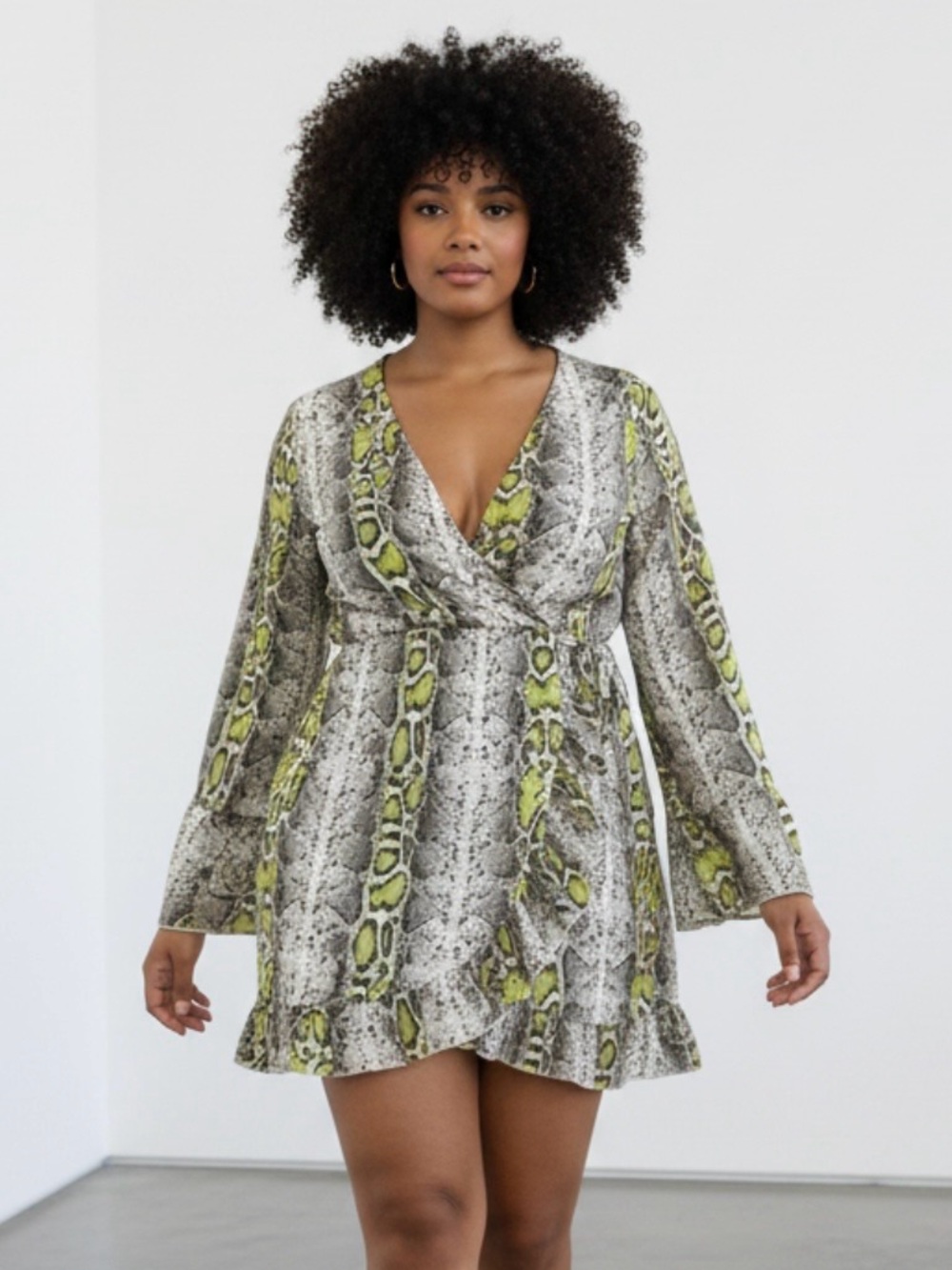 Boohoo Women’s Yellow & Neutral Snake Print Faux Wrap Dress Size 14